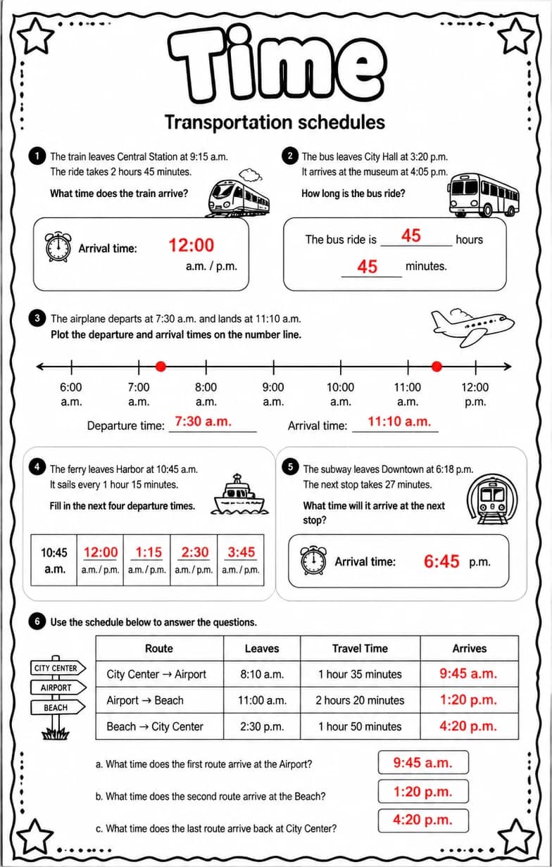 Answer key for Transportation schedules — free printable Math worksheet