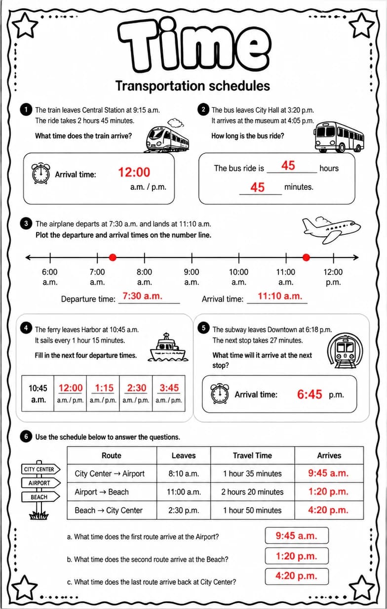Answer key for Transportation schedules — free printable Math worksheet