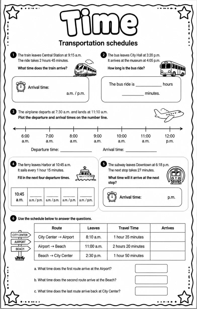 Transportation schedules — free printable Grade 4 Math worksheet