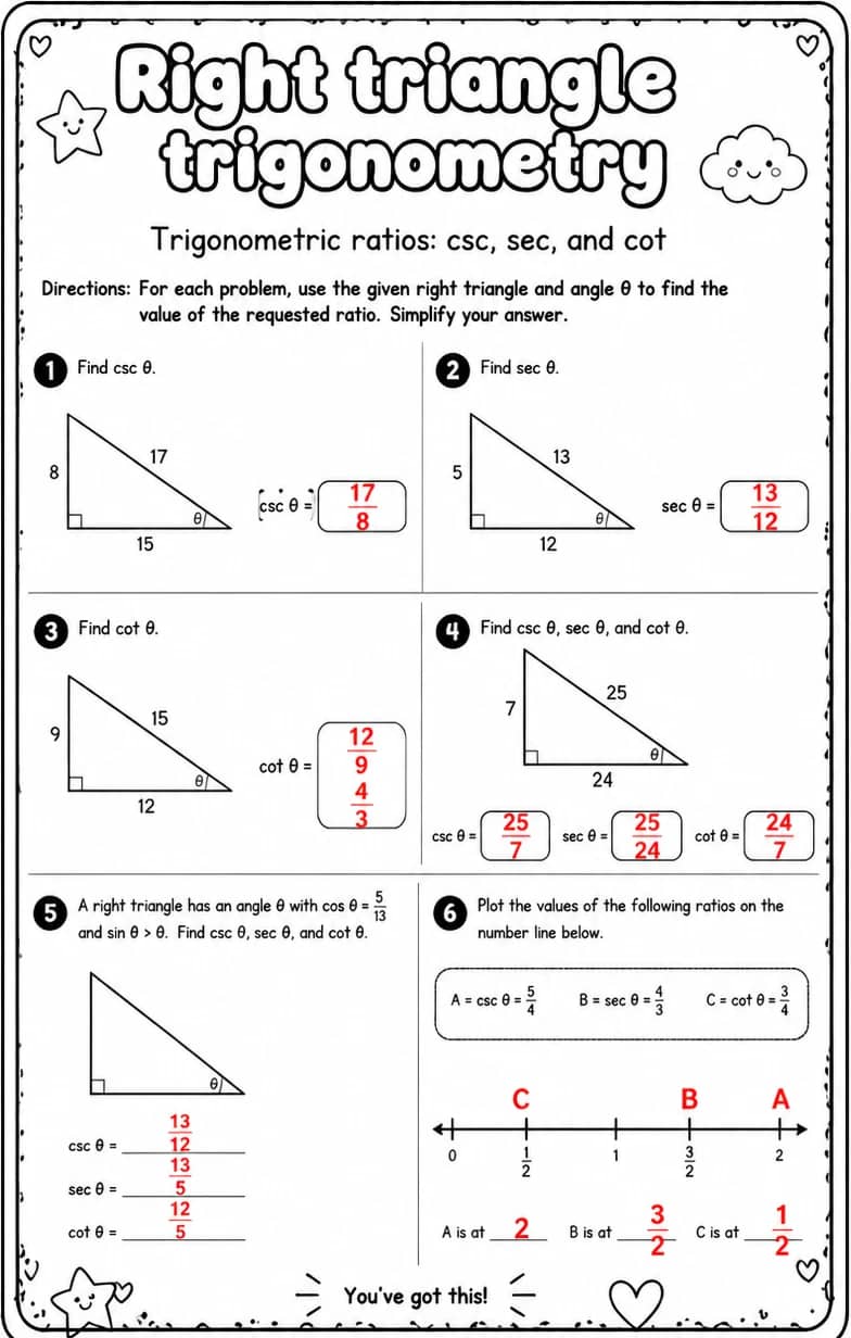 Answer key for Trigonometric ratios: csc, sec, and cot — free printable Math worksheet