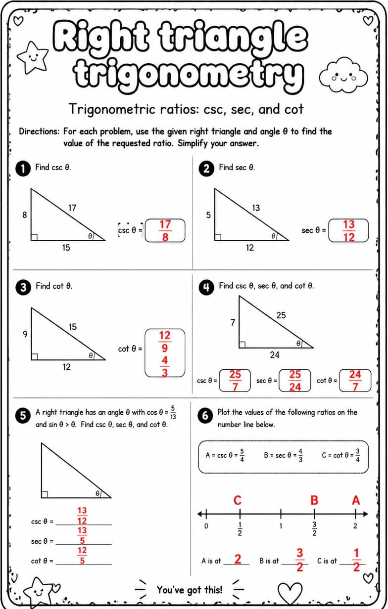 Answer key for Trigonometric ratios: csc, sec, and cot — free printable Math worksheet