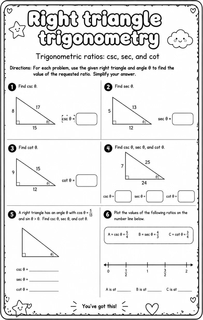Trigonometric ratios: csc, sec, and cot — free printable Algebra 2 math worksheet