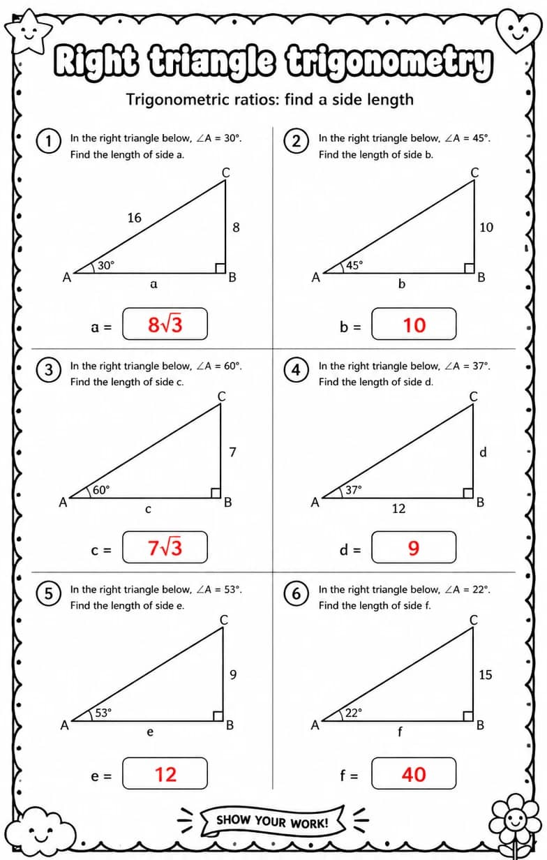 Answer key for Trigonometric ratios: find a side length — free printable Math worksheet