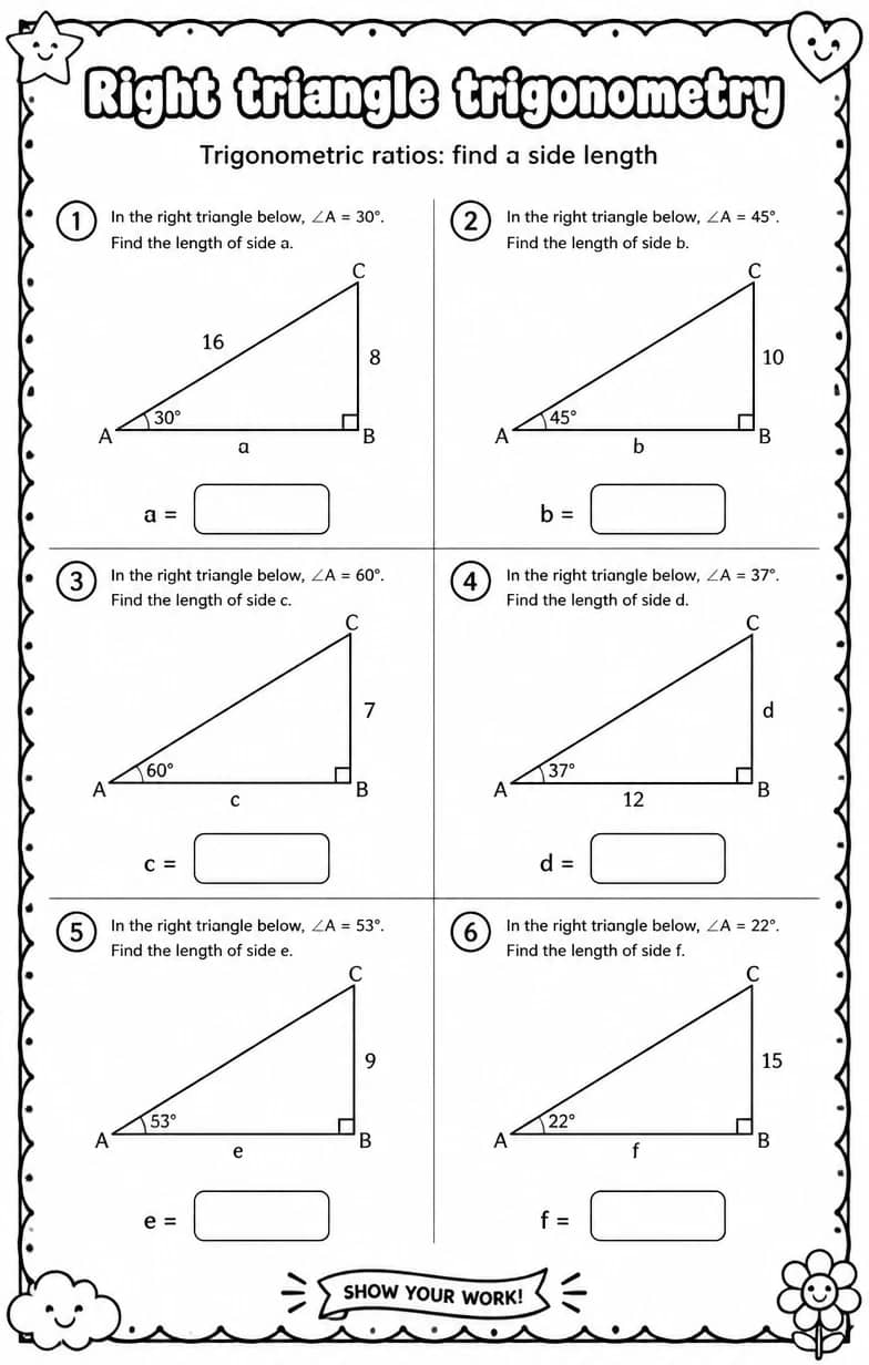 Trigonometric ratios: find a side length — free printable Algebra 2 math worksheet