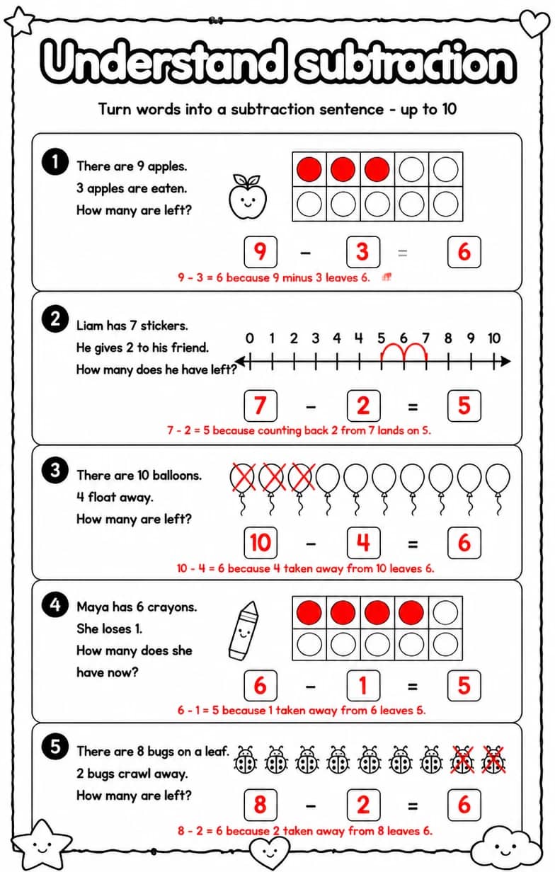 Answer key for Turn words into a subtraction sentence - up to 10 — free printable Math worksheet