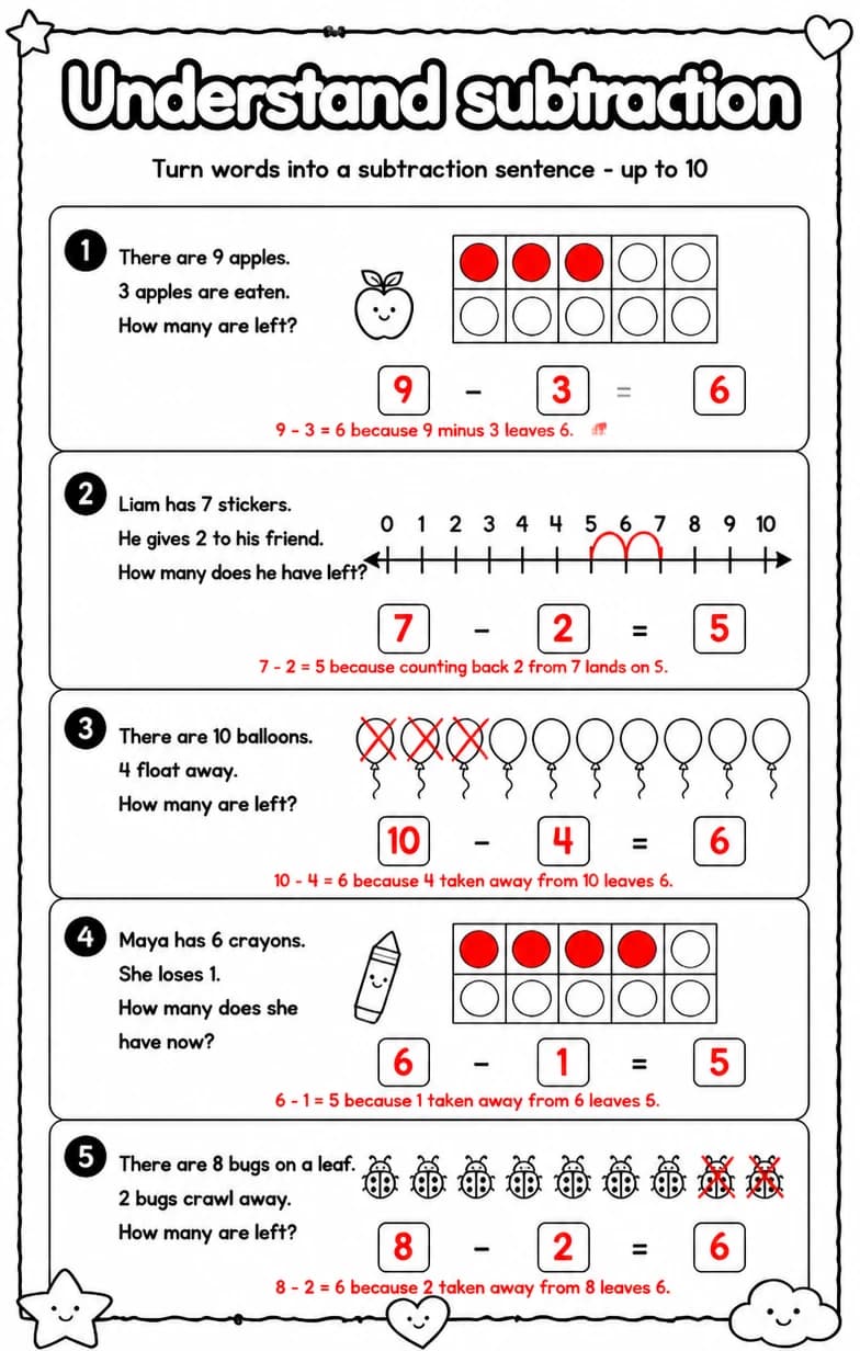 Answer key for Turn words into a subtraction sentence - up to 10 — free printable Math worksheet