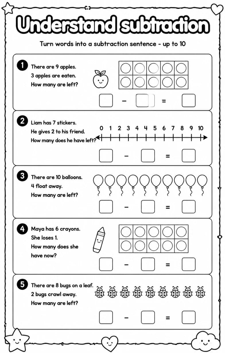 Turn words into a subtraction sentence - up to 10 — free printable Grade 1 Math worksheet