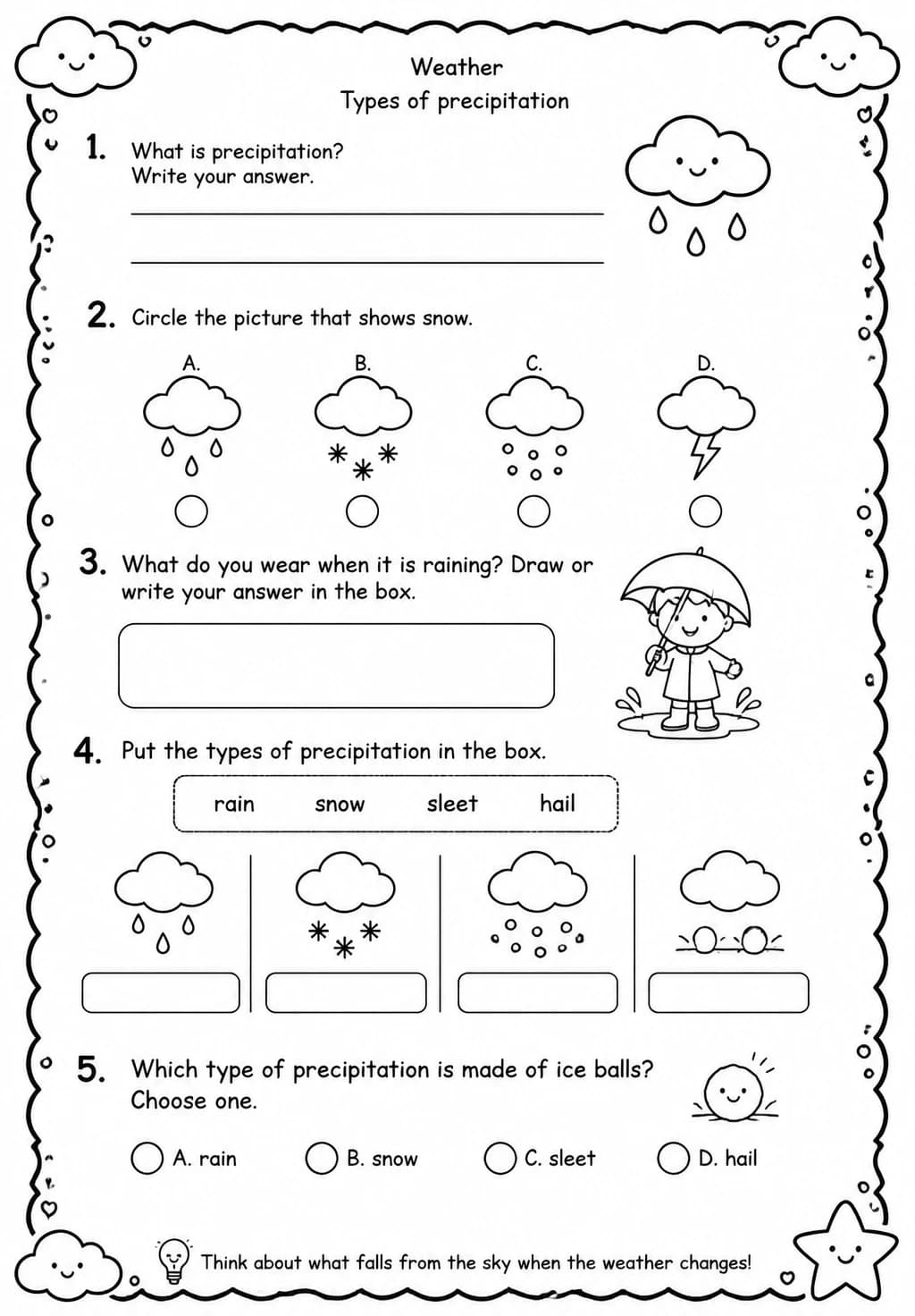 Types of precipitation — free printable Kindergarten Science worksheet