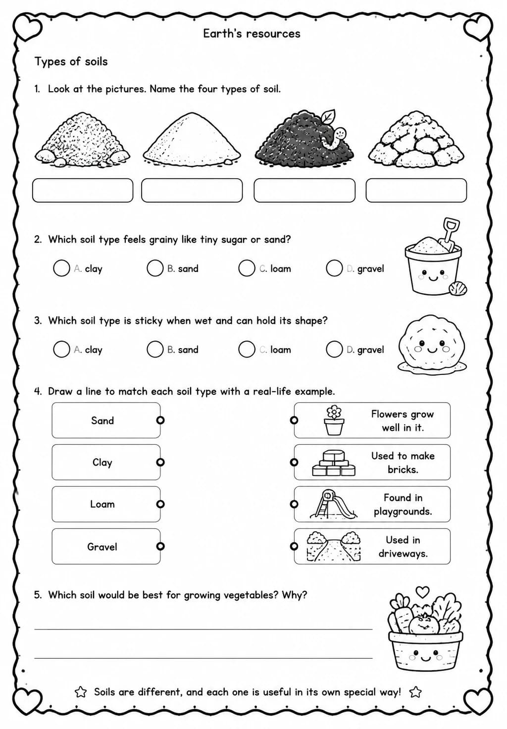 Types of soils — free printable Kindergarten Science worksheet