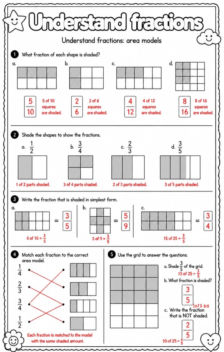 Answer key for Understand fractions: area models — free printable Math worksheet