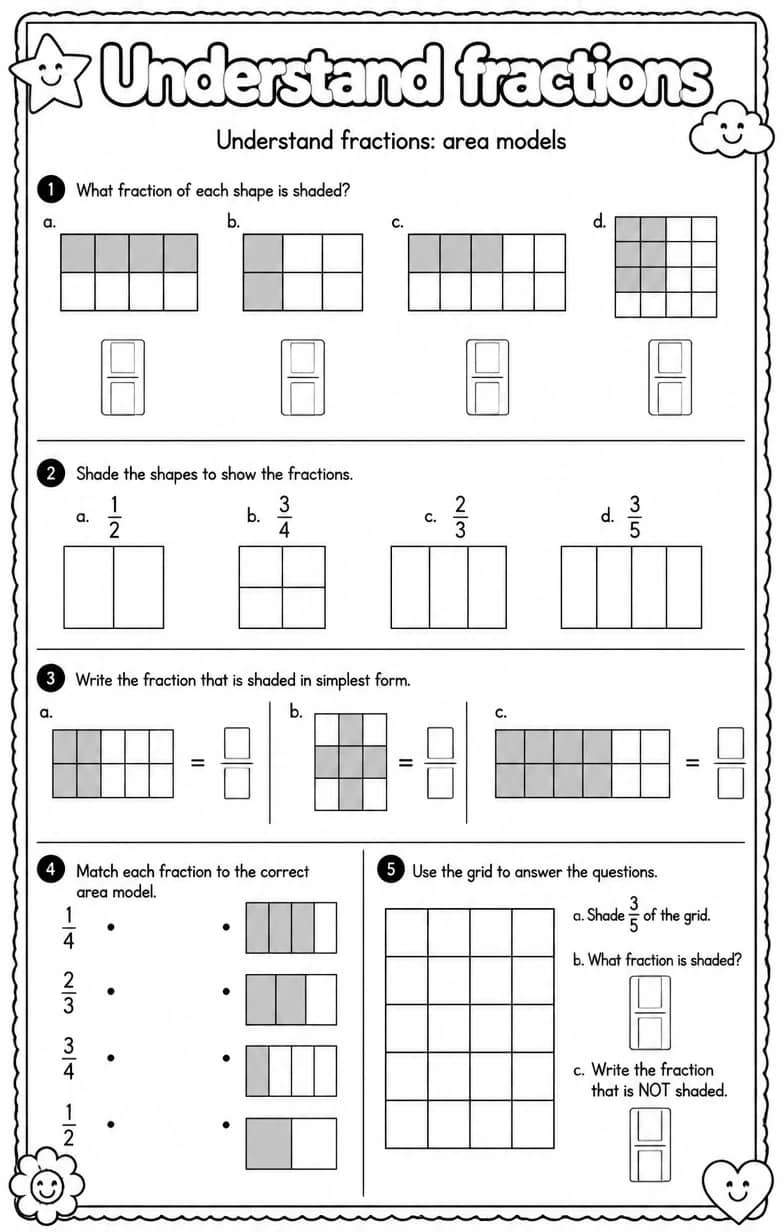 Understand fractions: area models — free printable Grade 3 math worksheet