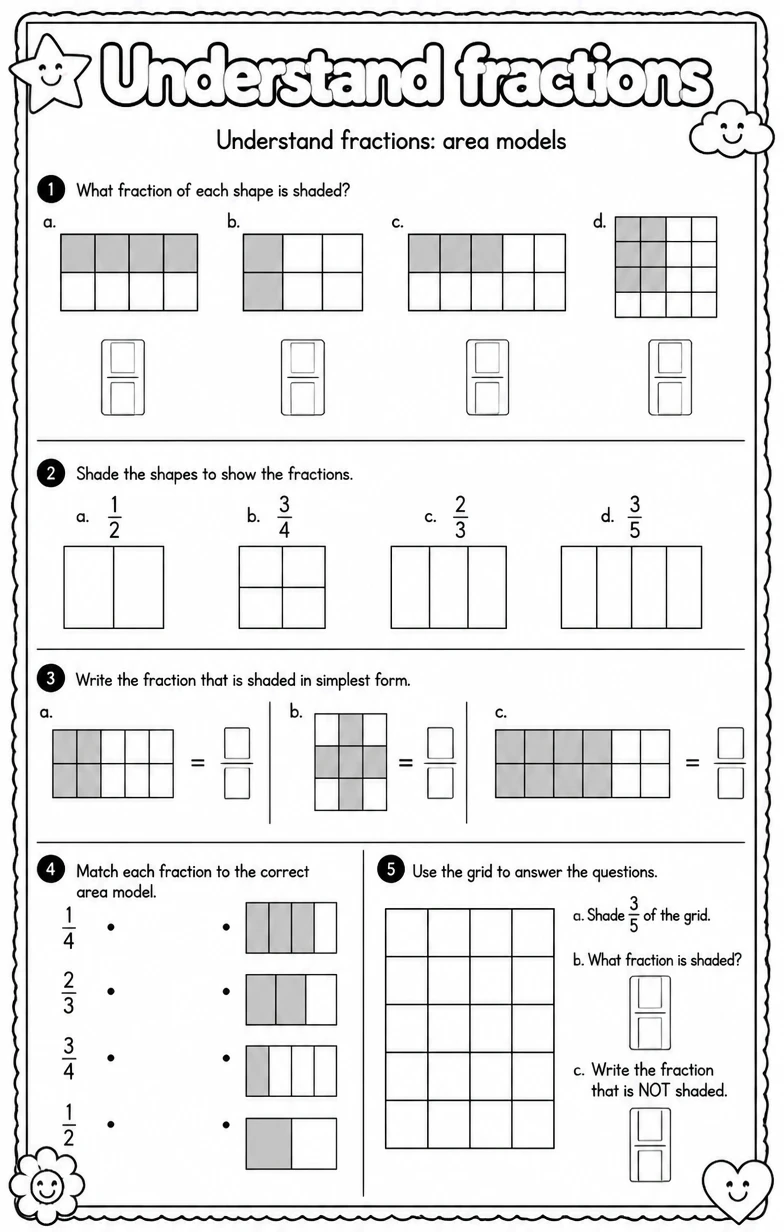 Understand fractions: area models — free printable Grade 3 math worksheet