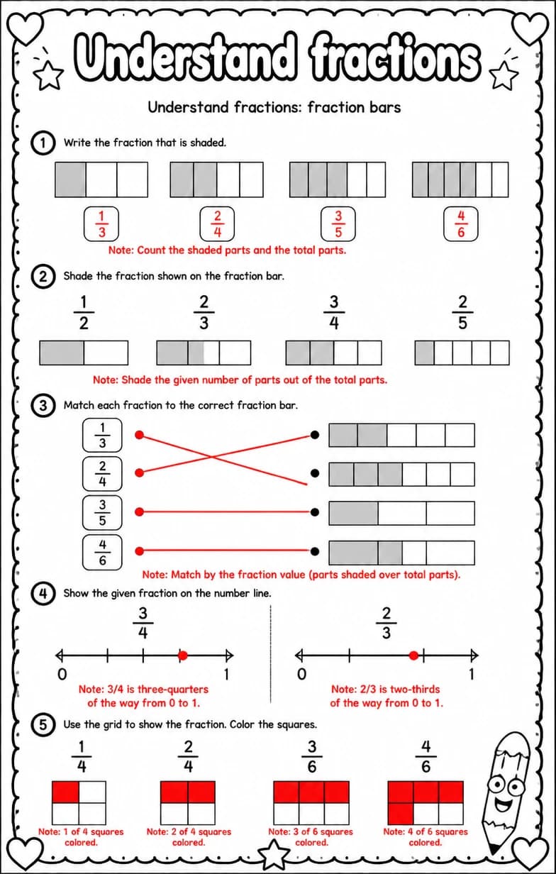 Answer key for Understand fractions: fraction bars — free printable Math worksheet