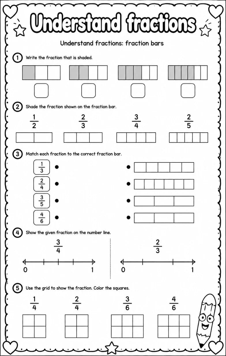 Understand fractions: fraction bars — free printable Grade 3 Math worksheet