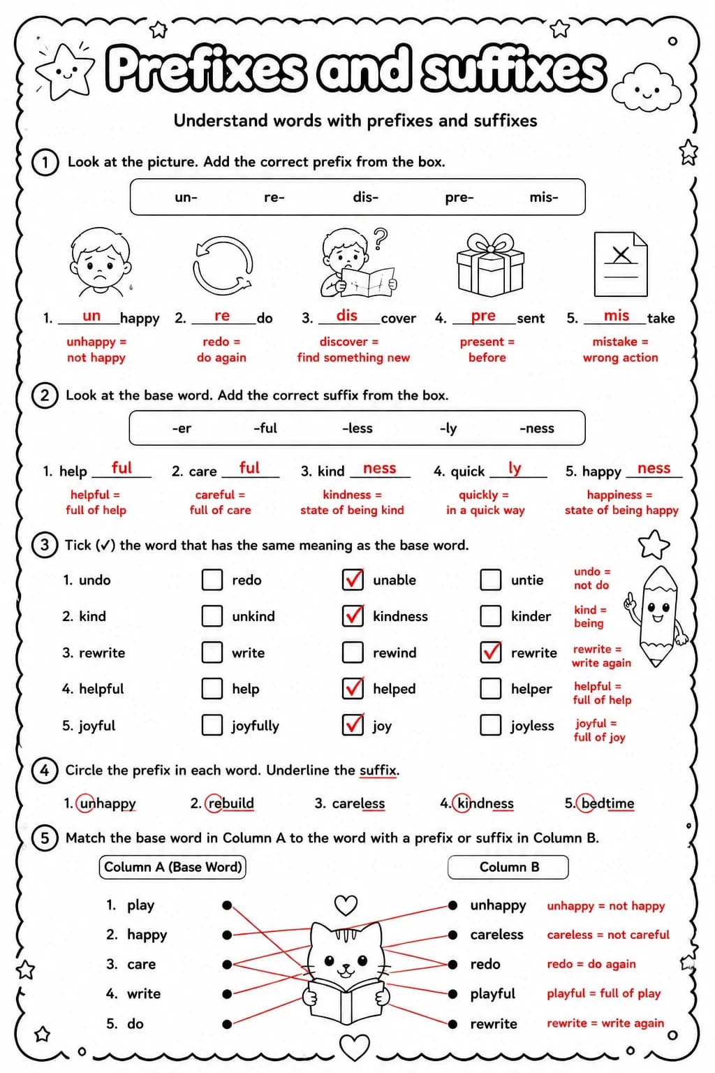 Answer key for Understand words with prefixes and suffixes — free printable English & Reading worksheet