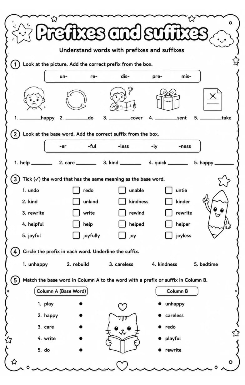 Understand words with prefixes and suffixes — free printable Grade 1 English & Reading worksheet