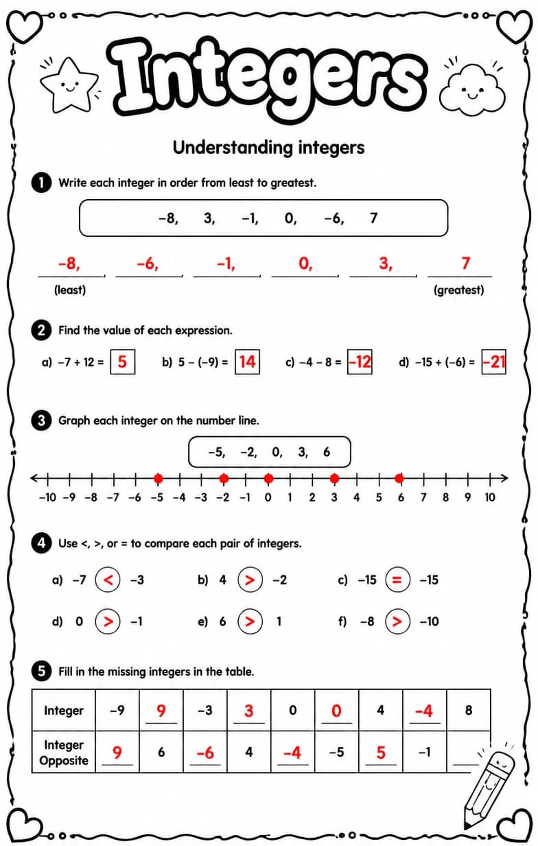 Answer key for Understanding integers — free printable Math worksheet