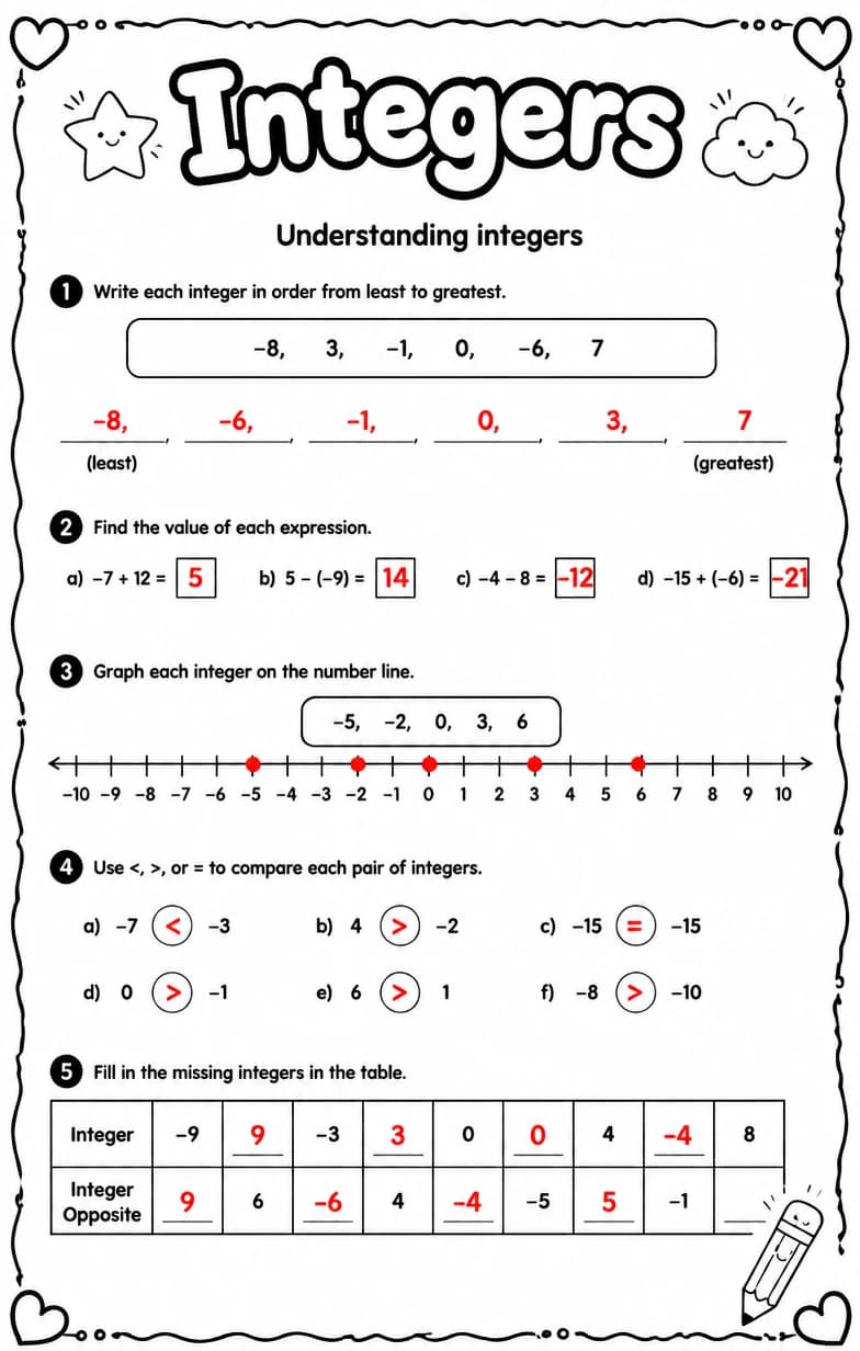Answer key for Understanding integers — free printable Math worksheet