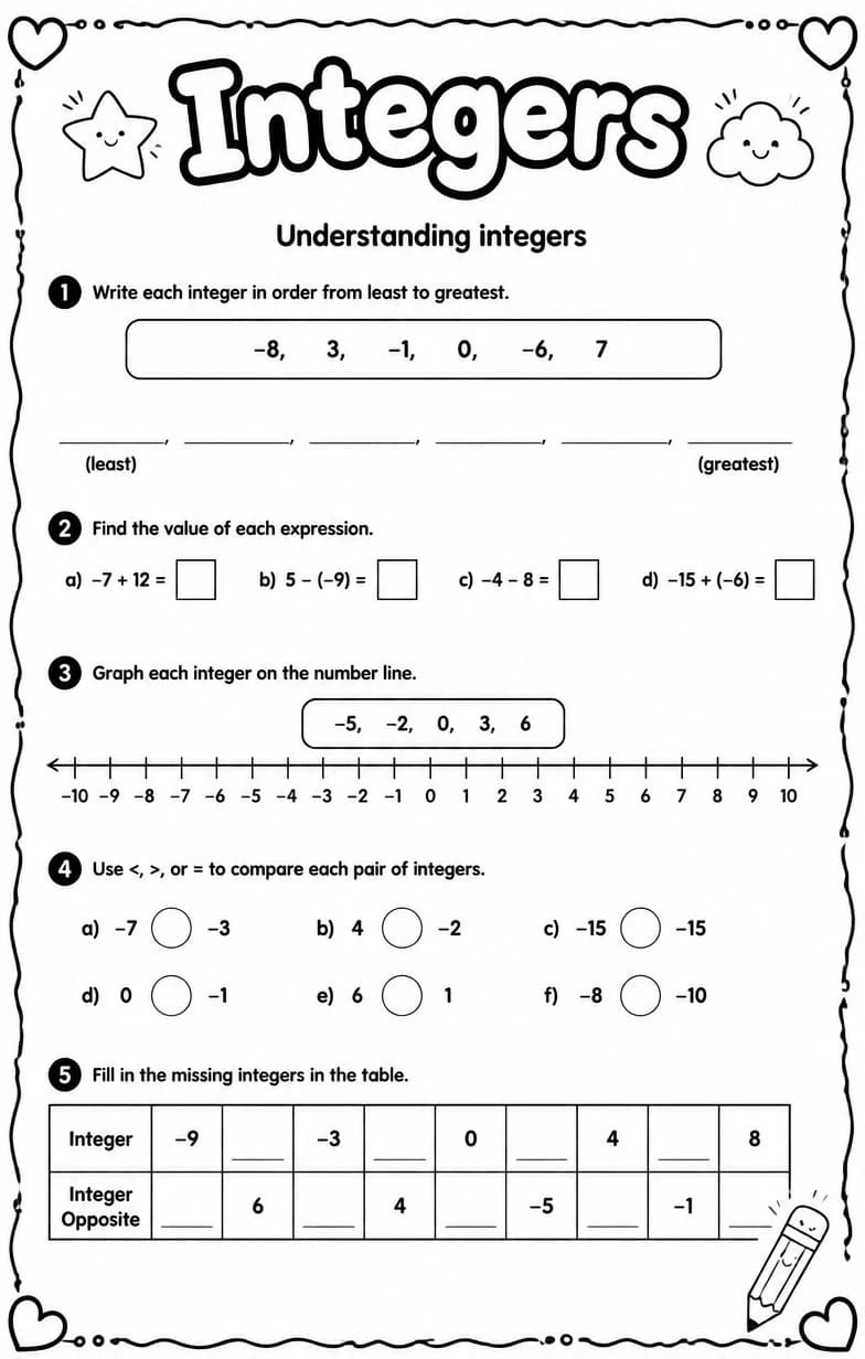 Understanding integers — free printable Grade 6 math worksheet