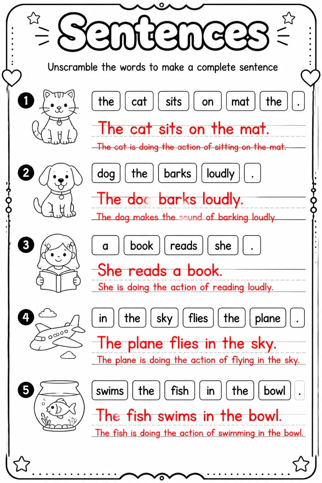 Answer key for Unscramble the words to make a complete sentence — free printable English & Reading worksheet