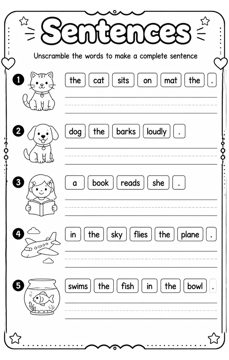 Unscramble the words to make a complete sentence — free printable Grammar and mechanics English worksheet