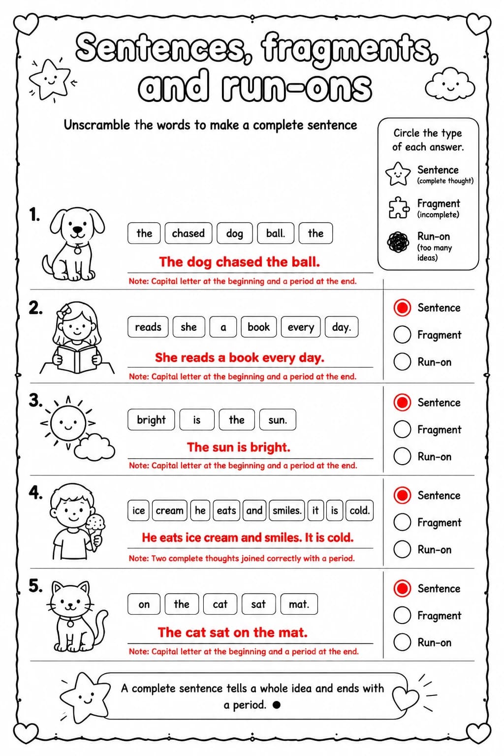 Answer key for Unscramble the words to make a complete sentence — free printable English & Reading worksheet