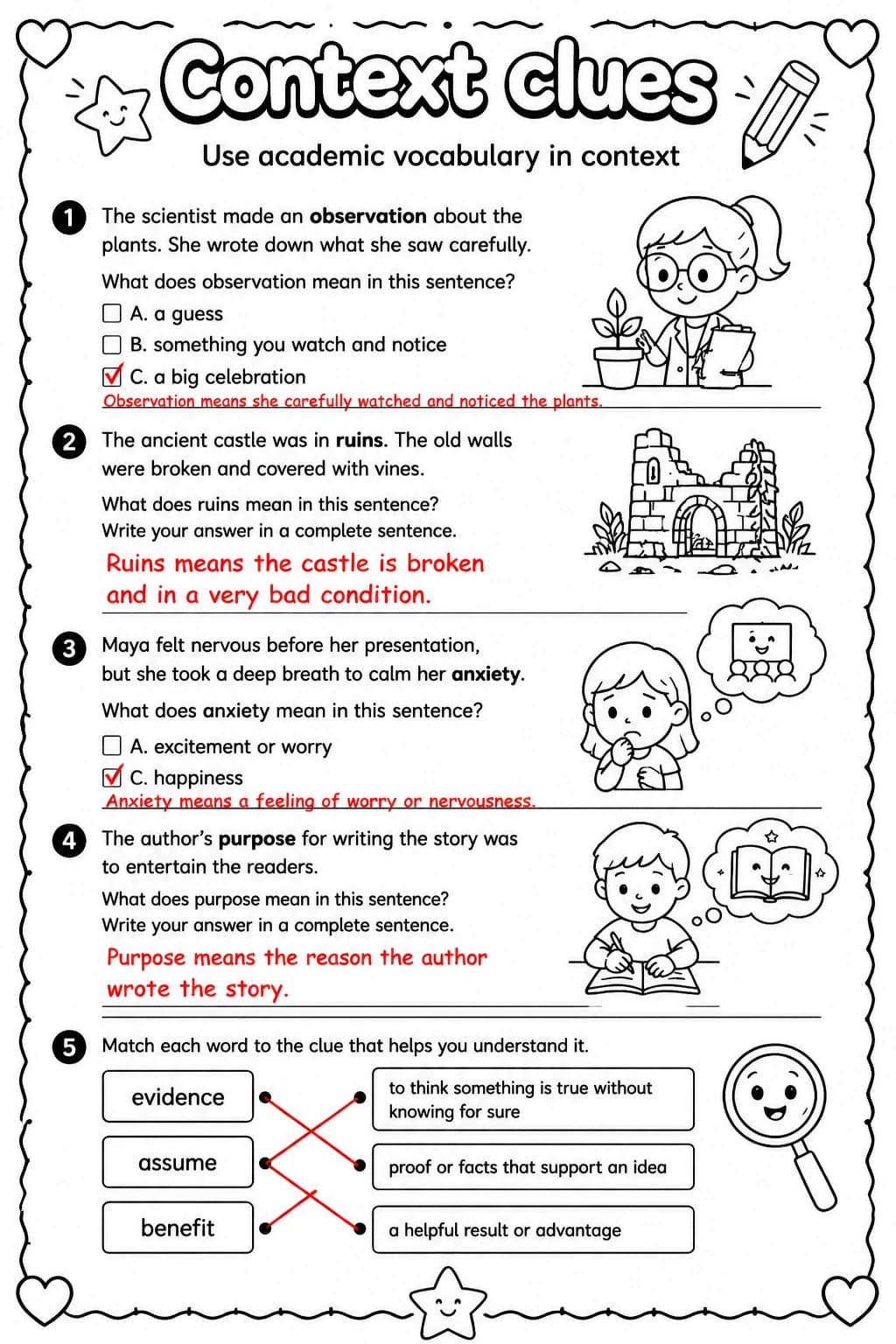 Answer key for Use academic vocabulary in context — free printable English & Reading worksheet