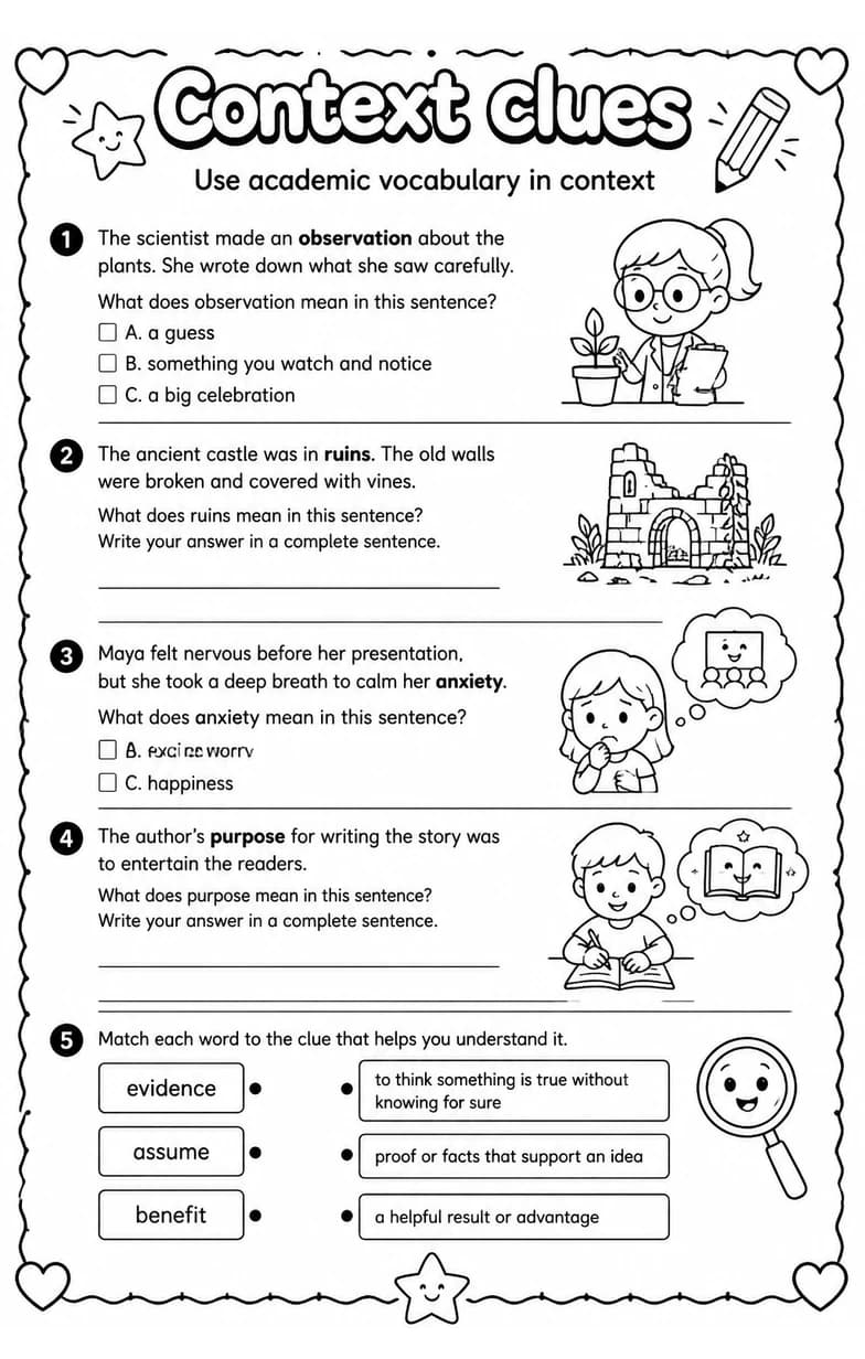 Use academic vocabulary in context — free printable Grade 3 English & Reading worksheet