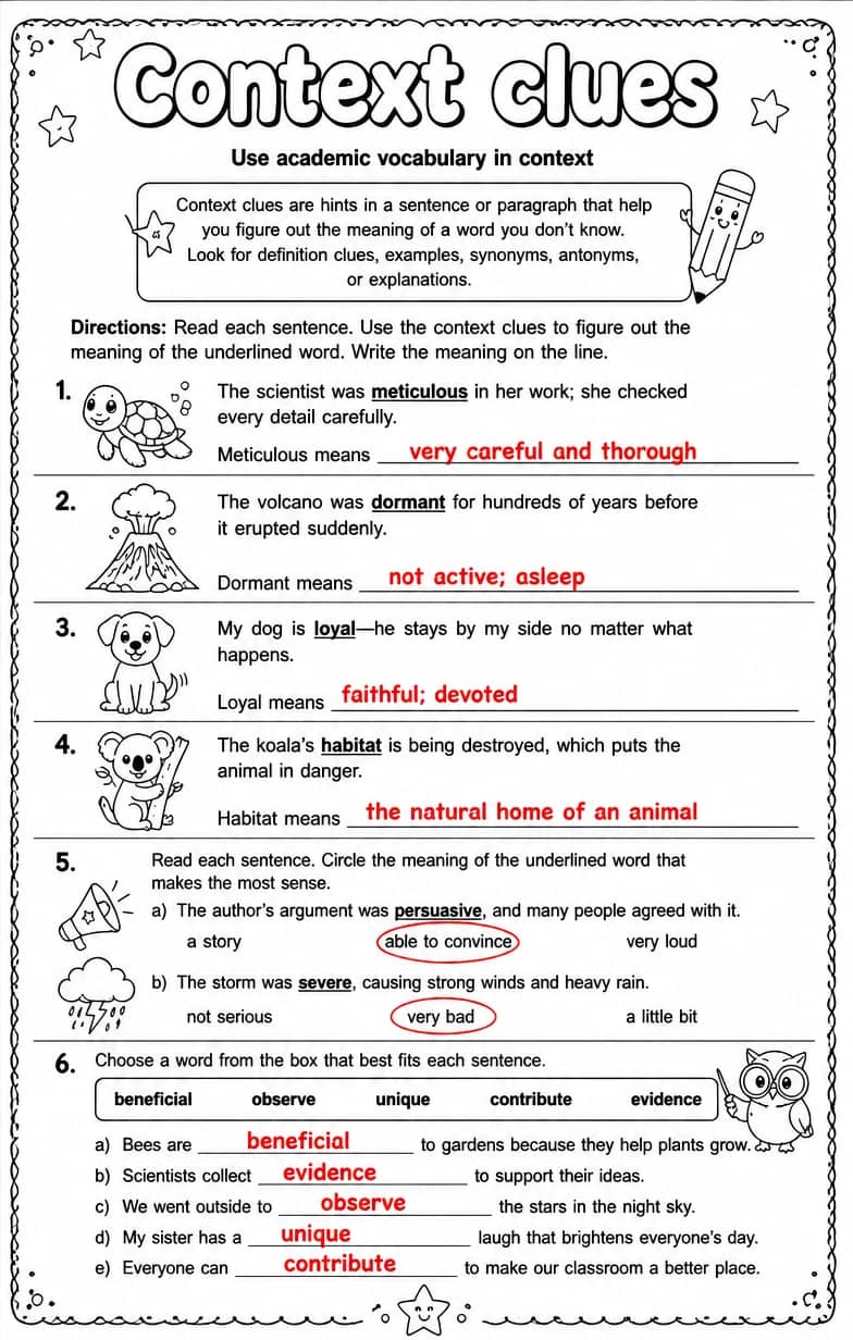 Answer key for Use academic vocabulary in context — free printable English & Reading worksheet