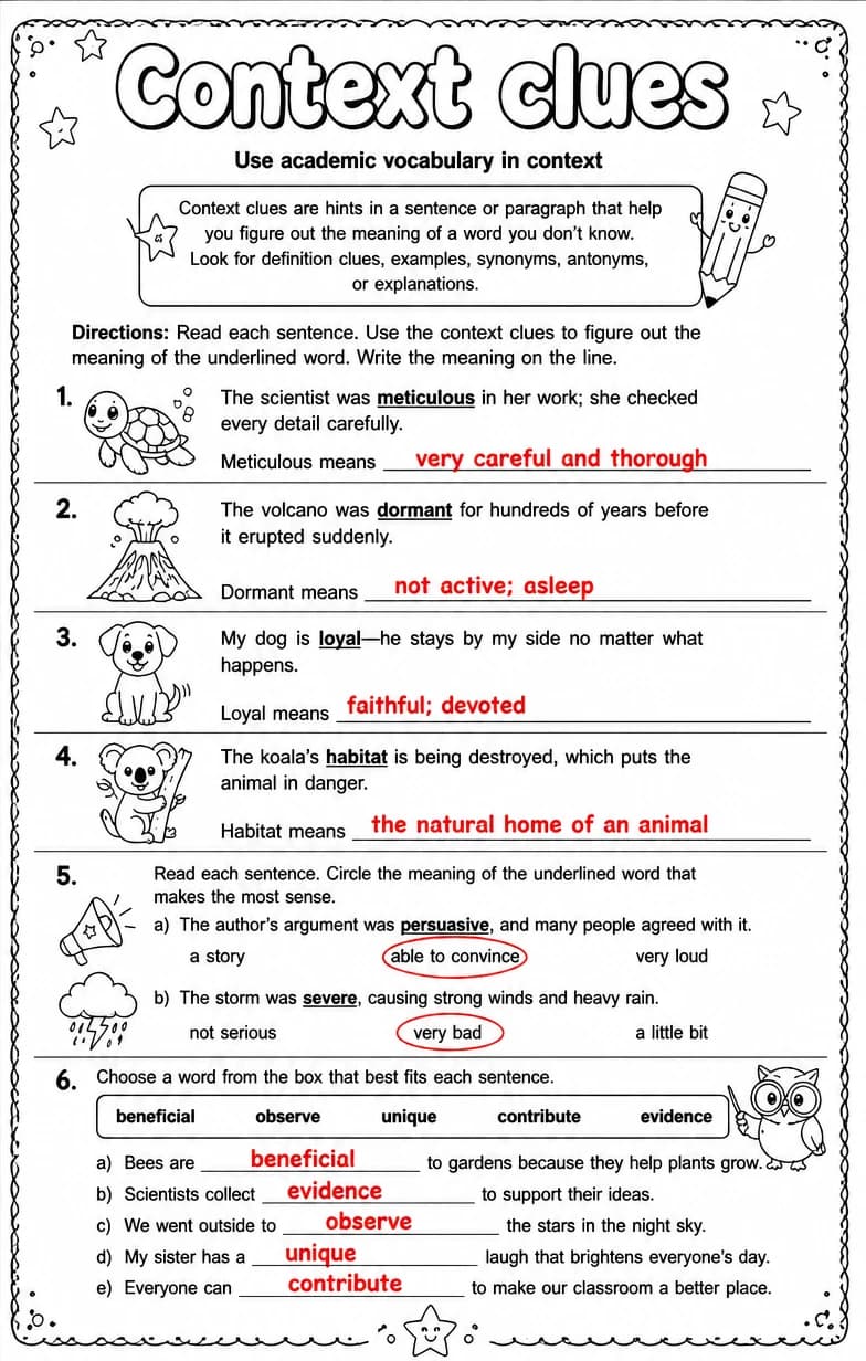 Answer key for Use academic vocabulary in context — free printable English & Reading worksheet