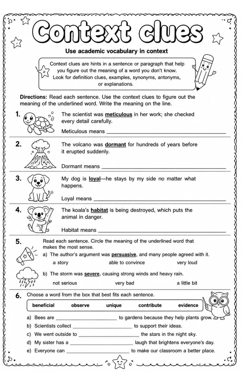 Use academic vocabulary in context — free printable Grade 4 English & Reading worksheet