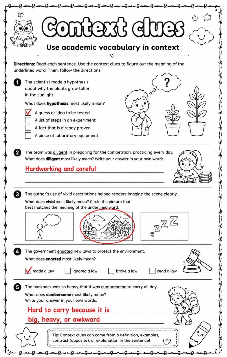 Answer key for Use academic vocabulary in context — free printable English & Reading worksheet