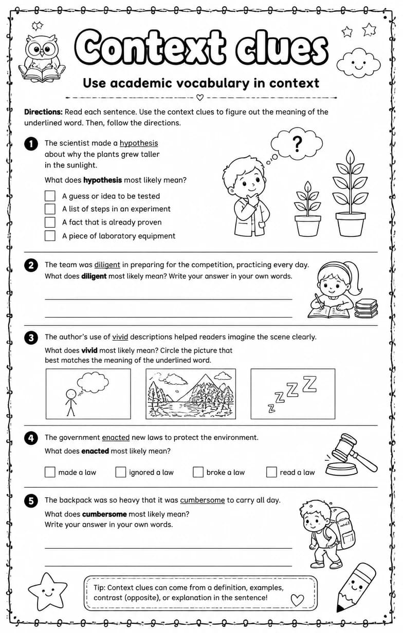 Use academic vocabulary in context — free printable Grade 5 English & Reading worksheet