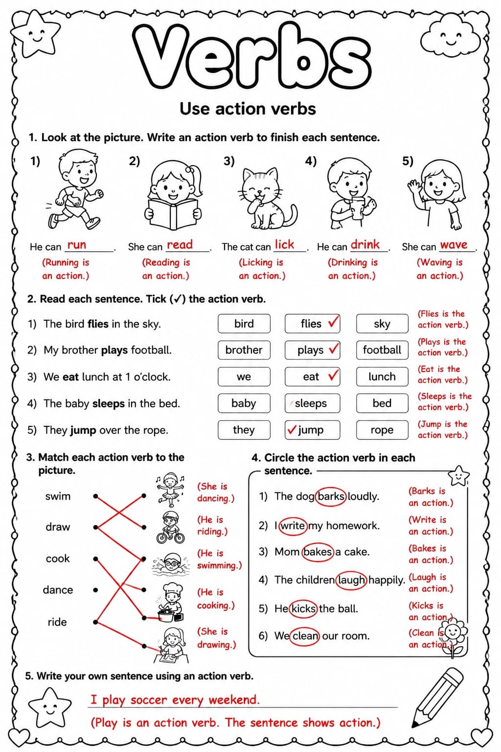 Answer key for Use action verbs — free printable English & Reading worksheet