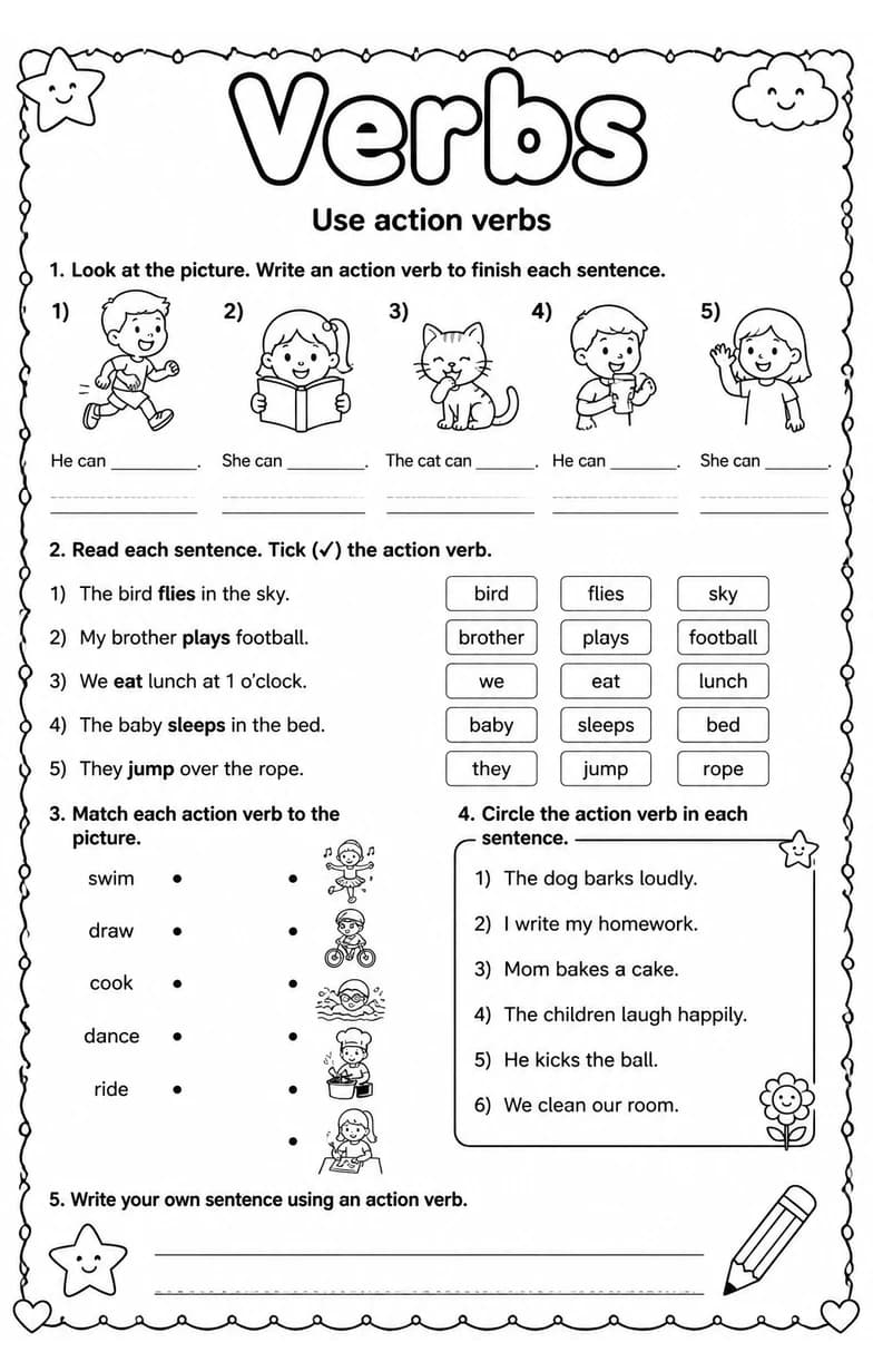 Use action verbs — free printable Grade 1 English & Reading worksheet