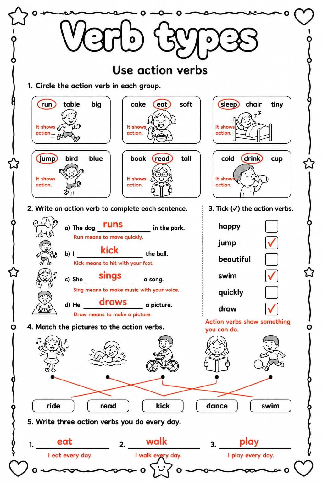 Answer key for Use action verbs — free printable English & Reading worksheet