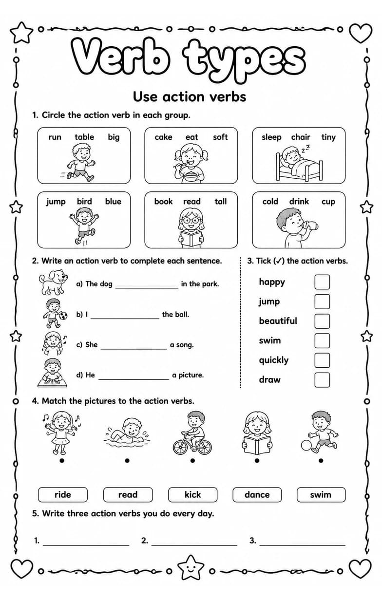 Use action verbs — free printable Grammar and mechanics English worksheet