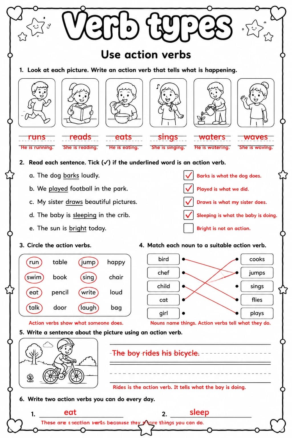 Answer key for Use action verbs — free printable English & Reading worksheet