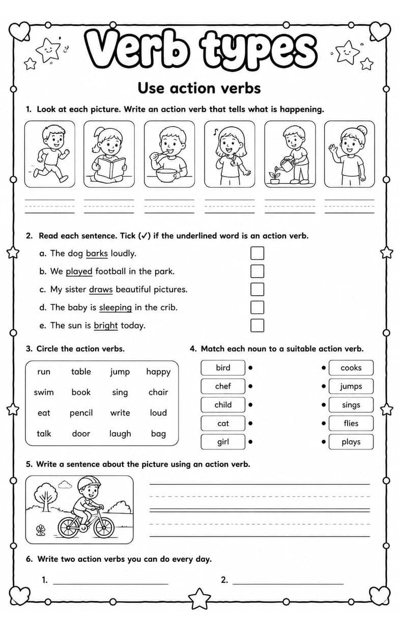Use action verbs — free printable Grade 3 English & Reading worksheet