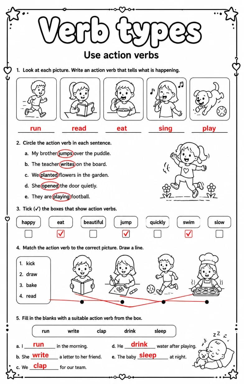 Answer key for Use action verbs — free printable English & Reading worksheet
