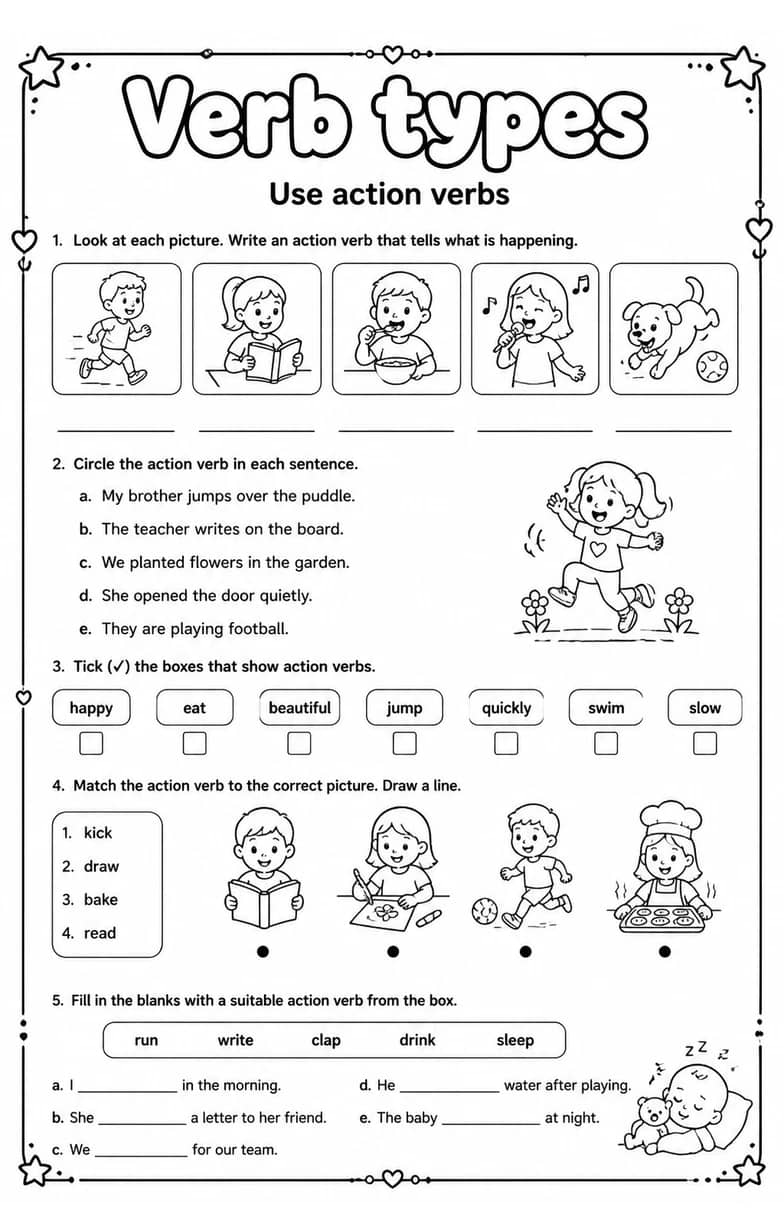 Use action verbs — free printable Grammar and mechanics English worksheet