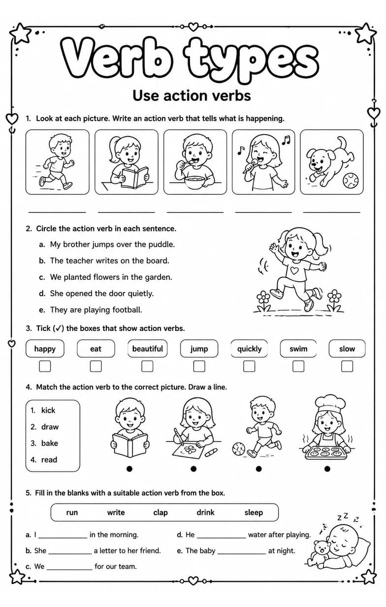 Use action verbs — free printable Grade 4 English & Reading worksheet