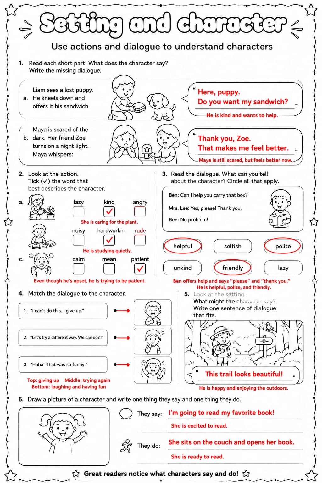 Answer key for Use actions and dialogue to understand characters — free printable English & Reading worksheet