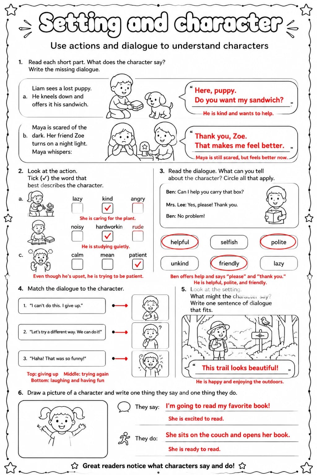 Answer key for Use actions and dialogue to understand characters — free printable English & Reading worksheet