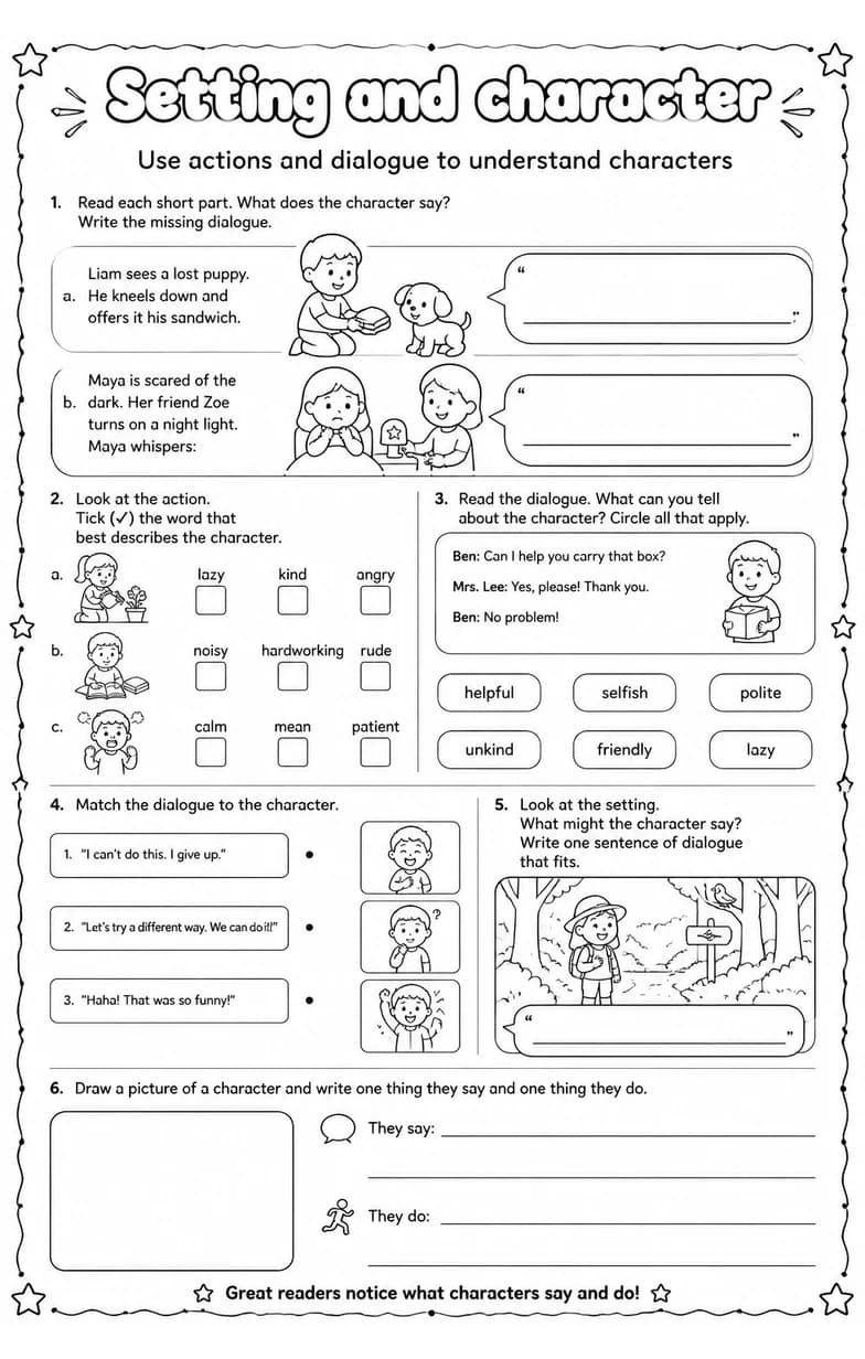 Use actions and dialogue to understand characters — free printable Reading strategies English worksheet