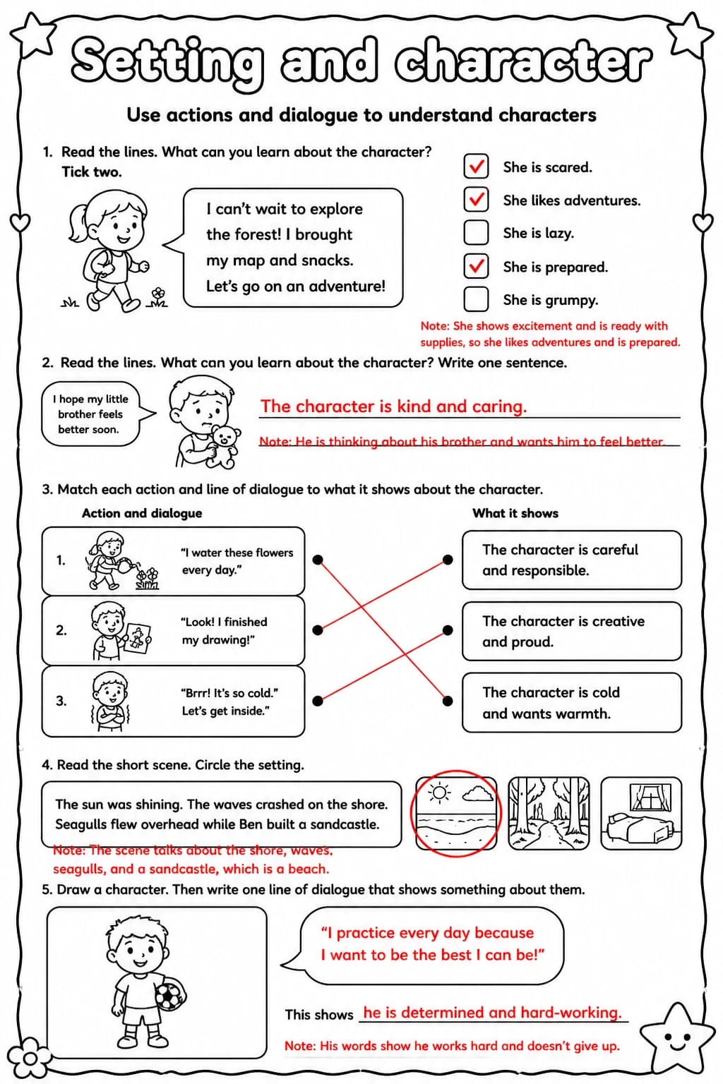 Answer key for Use actions and dialogue to understand characters — free printable English & Reading worksheet