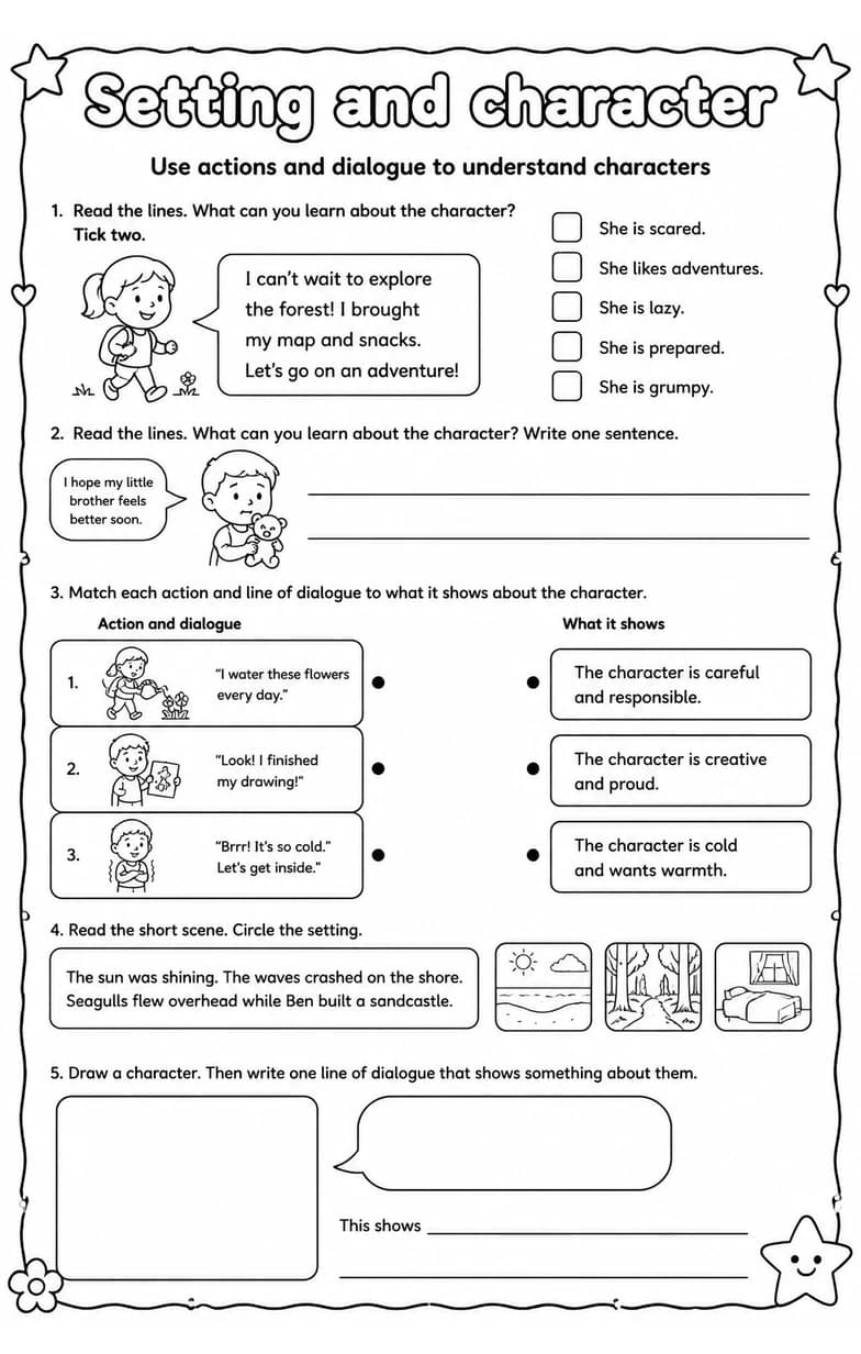 Use actions and dialogue to understand characters — free printable Reading strategies English worksheet