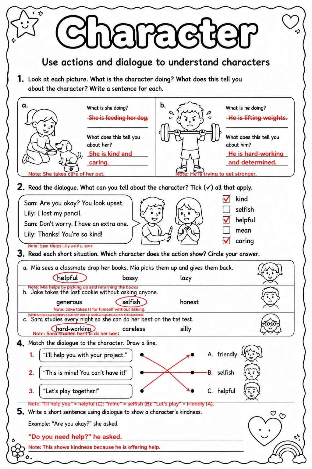 Answer key for Use actions and dialogue to understand characters — free printable English & Reading worksheet