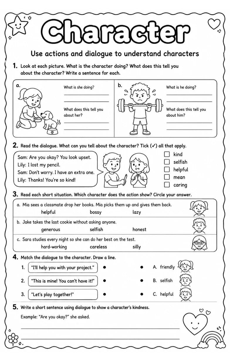 Use actions and dialogue to understand characters — free printable Reading strategies English worksheet