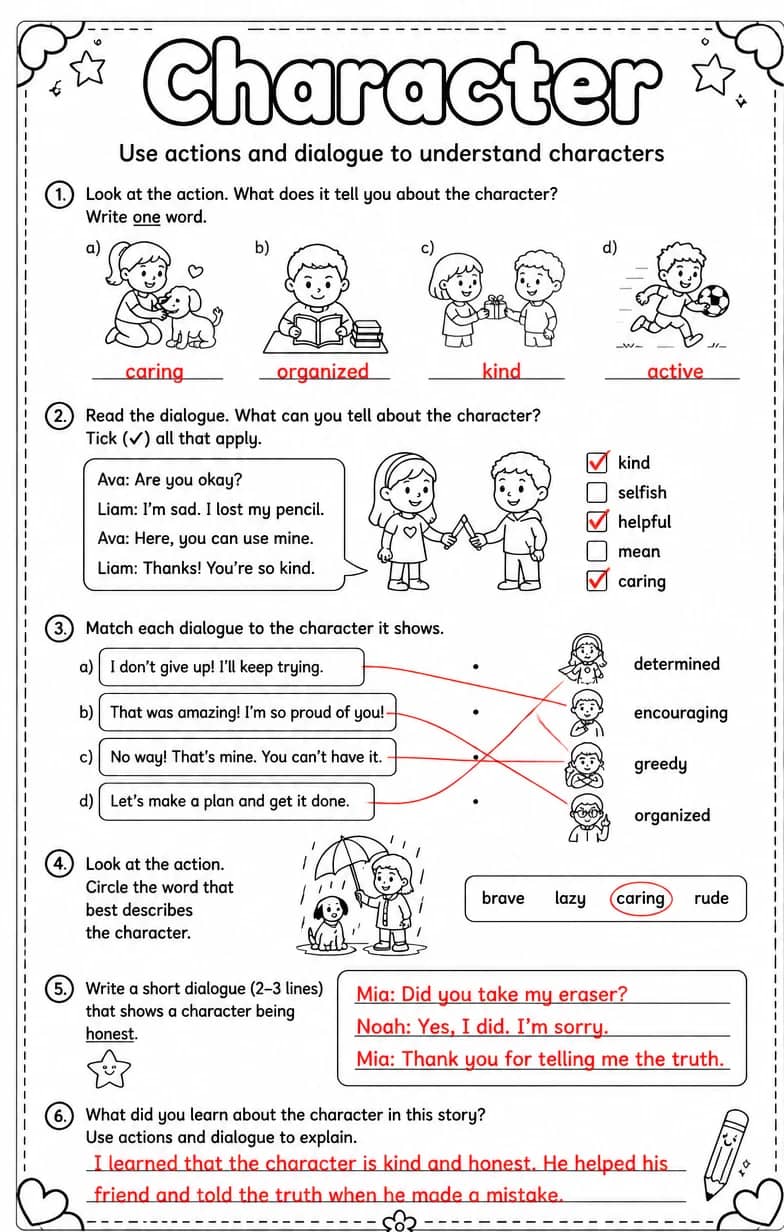 Answer key for Use actions and dialogue to understand characters — free printable English & Reading worksheet